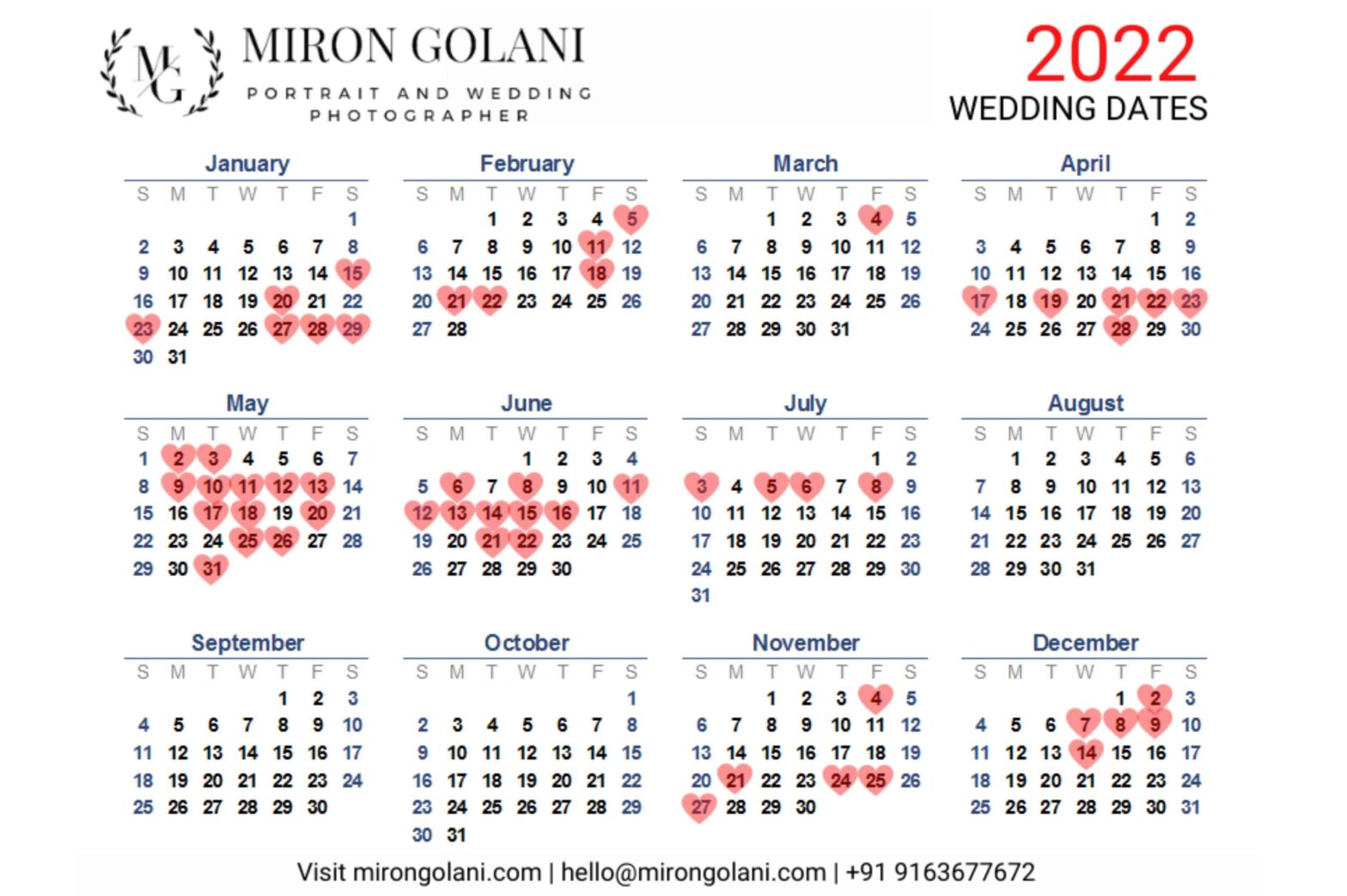 Auspicious Marriage Dates in 2022 - Wedding Dates in 2022 - Miron Golani's Photography